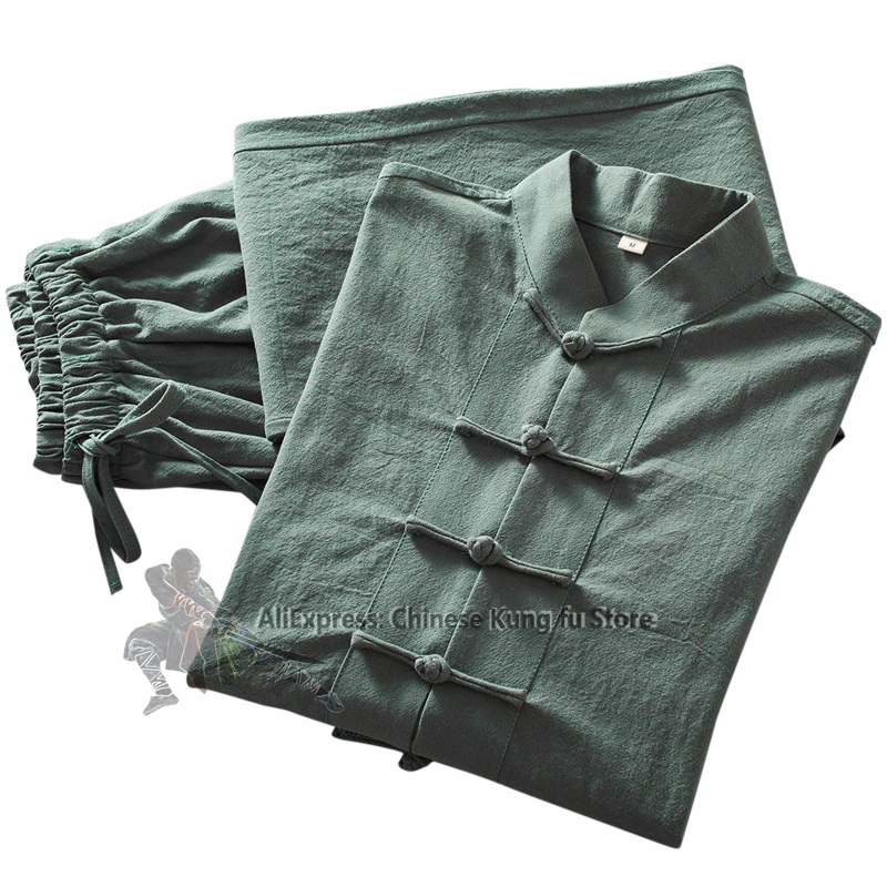 Soft Cotton Linen Longsleeves Chinese Tang Suit Casual Kung Fu Tai Chi Uniform Wing Chun Jacket and Pants Meditation Clothing
