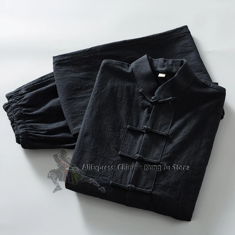 Soft Cotton Linen Longsleeves Chinese Tang Suit Casual Kung Fu Tai Chi Uniform Wing Chun Jacket and Pants Meditation Clothing