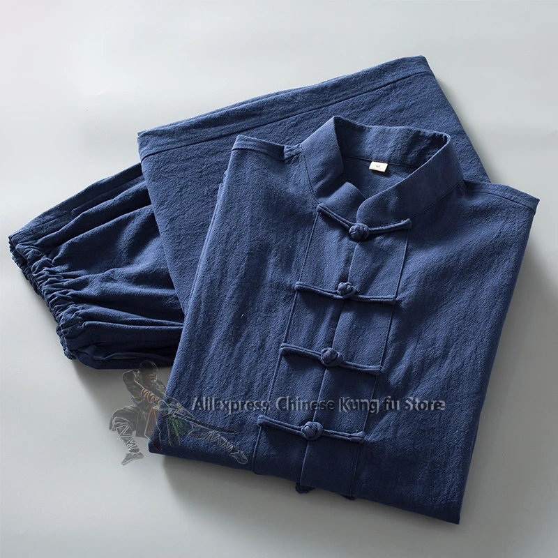 Soft Cotton Linen Longsleeves Chinese Tang Suit Casual Kung Fu Tai Chi Uniform Wing Chun Jacket and Pants Meditation Clothing