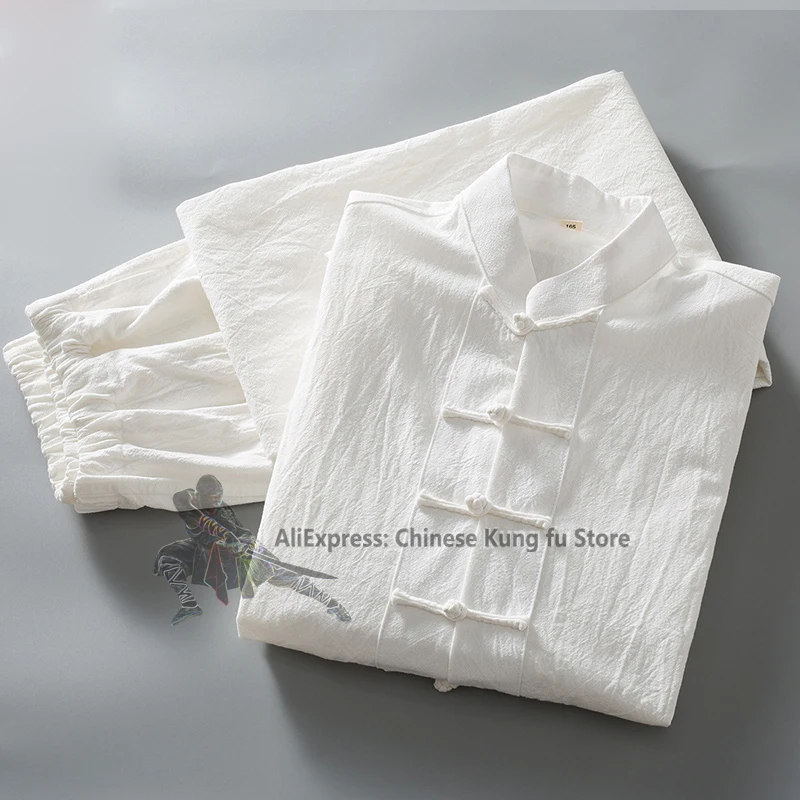 Soft Cotton Linen Longsleeves Chinese Tang Suit Casual Kung Fu Tai Chi Uniform Wing Chun Jacket and Pants Meditation Clothing