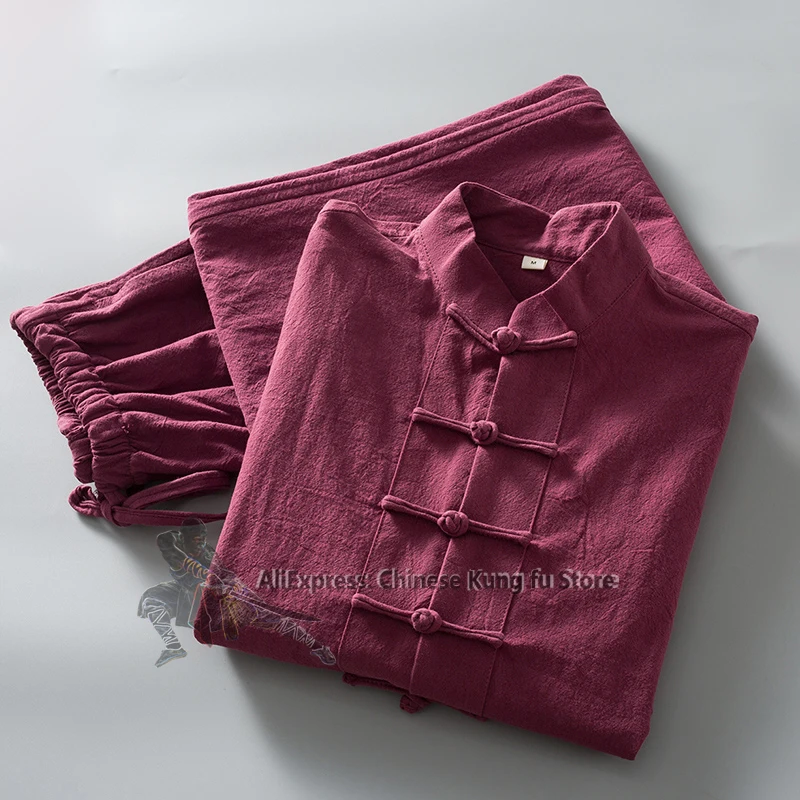 Soft Cotton Linen Longsleeves Chinese Tang Suit Casual Kung Fu Tai Chi Uniform Wing Chun Jacket and Pants Meditation Clothing