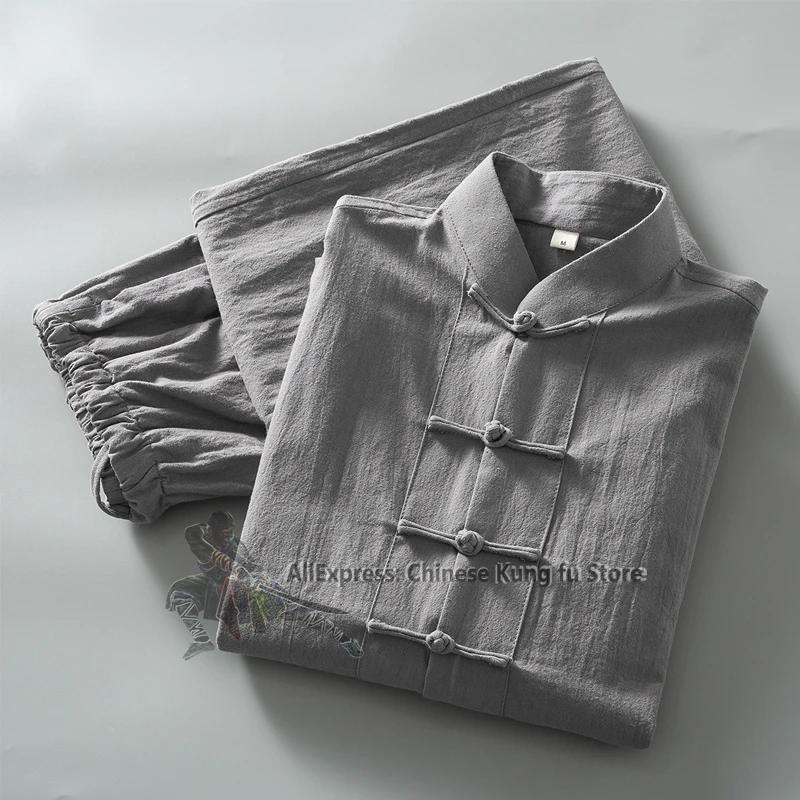 Soft Cotton Linen Longsleeves Chinese Tang Suit Casual Kung Fu Tai Chi Uniform Wing Chun Jacket and Pants Meditation Clothing