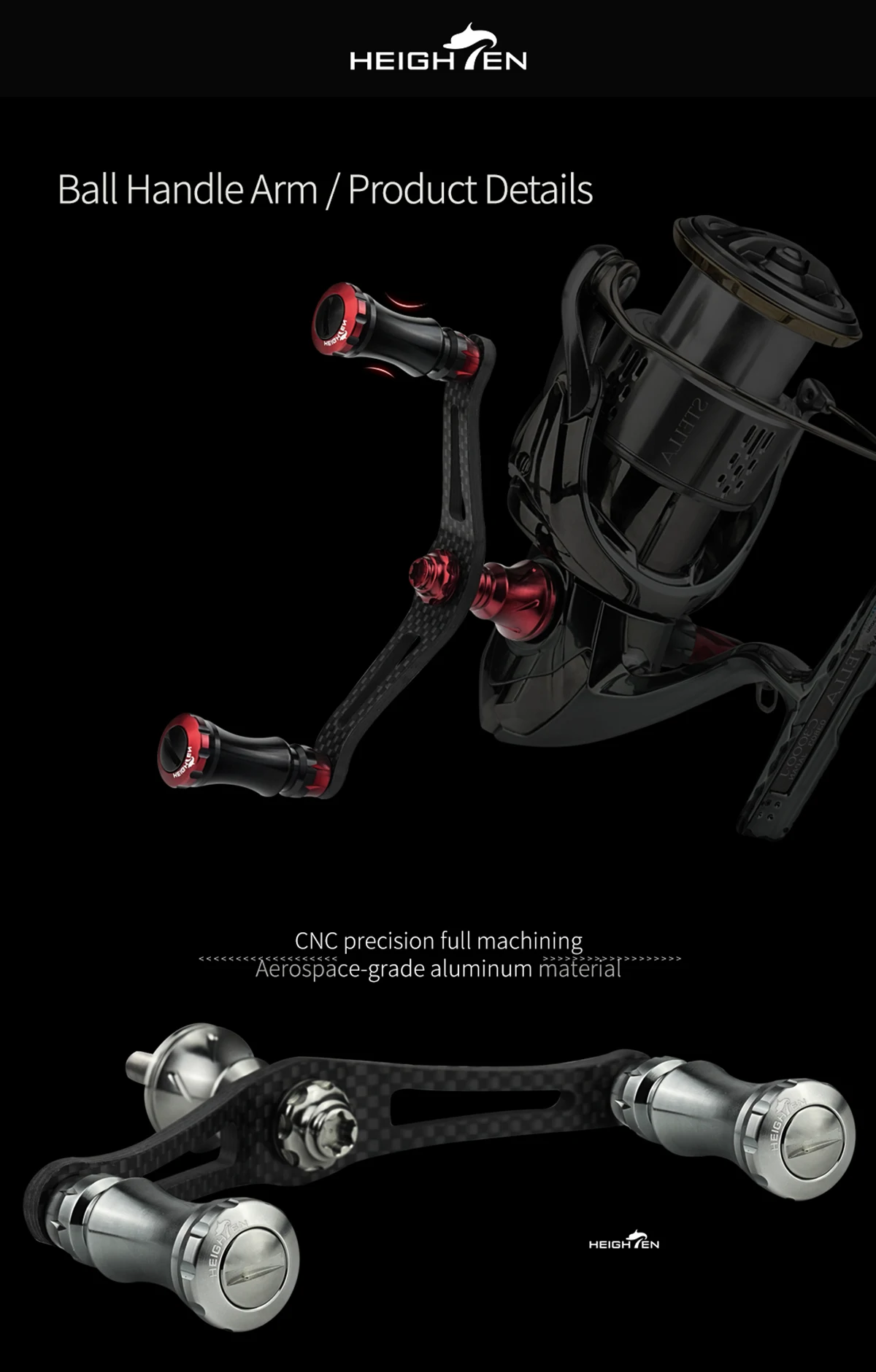 HIGHTEN Spinning Reel Dual Handle 90mm Axle Distance Carbon Fiber Material with Aluminum Alloy 15mm Diameter Knob Fits DAIWA and