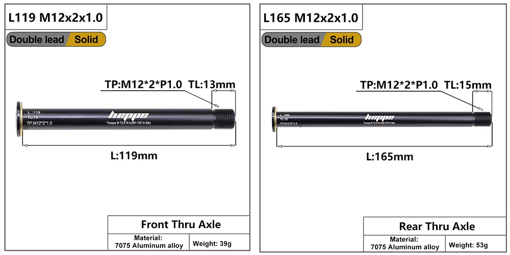 HEPPE Bicycle Double Lead Thru Axle 119mm/165mm M12xP1.0 MTB Road Bike Front Fork Shaft Skewer Rear Hub Thru Axle Bike Skewers