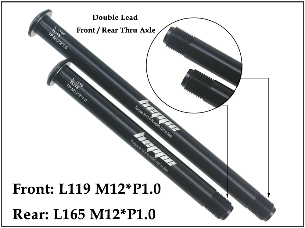 HEPPE Bicycle Double Lead Thru Axle 119mm/165mm M12xP1.0 MTB Road Bike Front Fork Shaft Skewer Rear Hub Thru Axle Bike Skewers