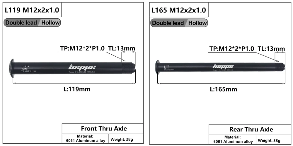 HEPPE Bicycle Double Lead Thru Axle 119mm/165mm M12xP1.0 MTB Road Bike Front Fork Shaft Skewer Rear Hub Thru Axle Bike Skewers