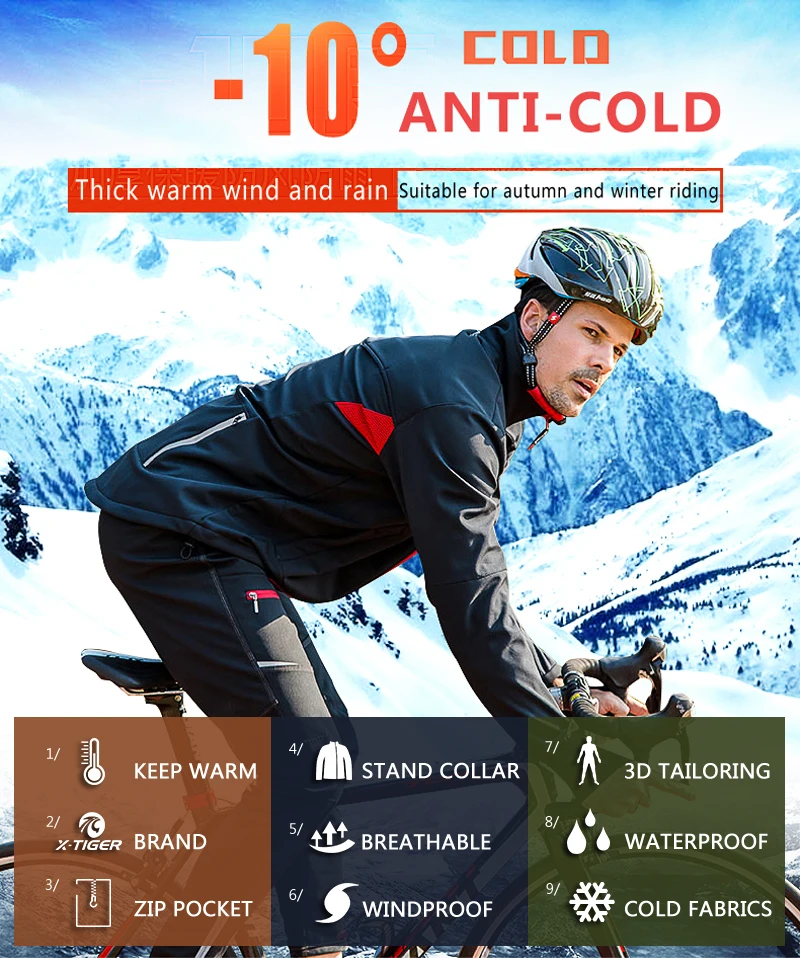 X-TIGER Cycling Jersey Winter Thermal Fleece Men's Bicycles Clothing Windproof Bicycle Reflective Biking Jacket Sportswear