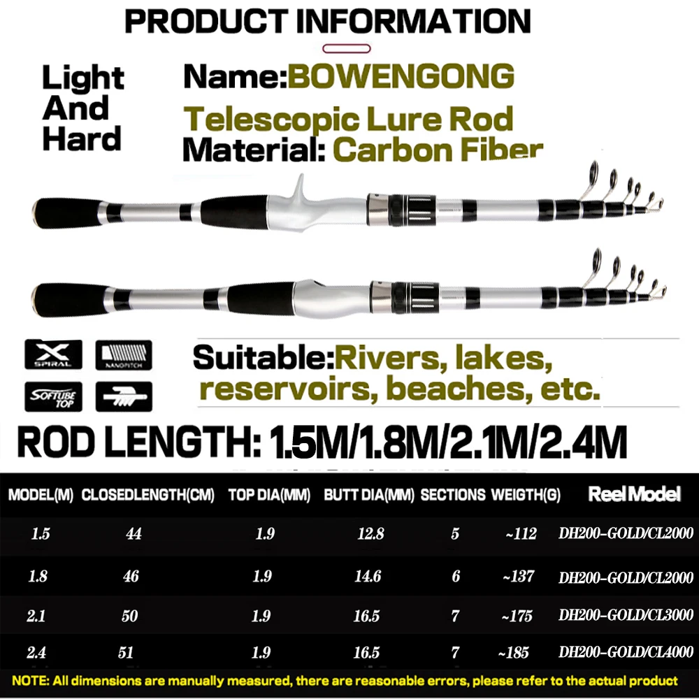 Telescopic Short Lure Fishing Rod 1.5/1.8/2.1/2.4M and Baitcasting Reel 5.2:1 /7.2:1 Combo Portable Travel Fishing Kit for Carp