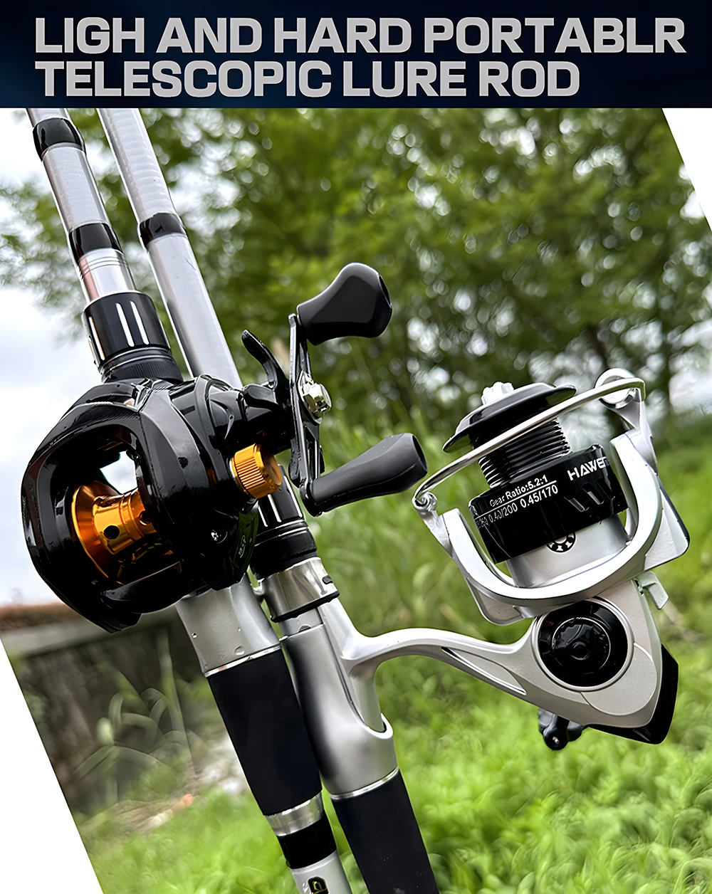Telescopic Short Lure Fishing Rod 1.5/1.8/2.1/2.4M and Baitcasting Reel 5.2:1 /7.2:1 Combo Portable Travel Fishing Kit for Carp