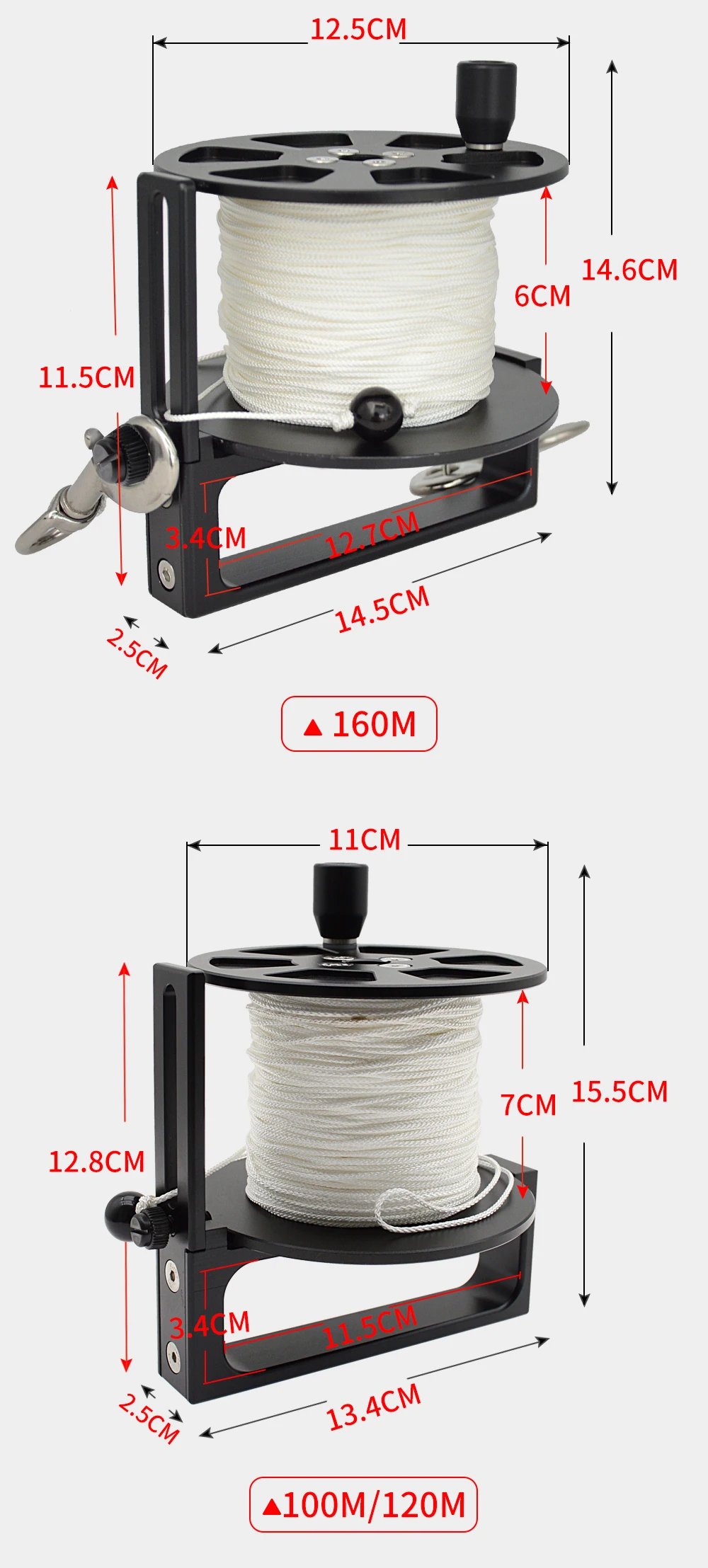 100/120/160M Aluminum Diving Reel Technical Diving Reel Handheld Diving Cave Reel