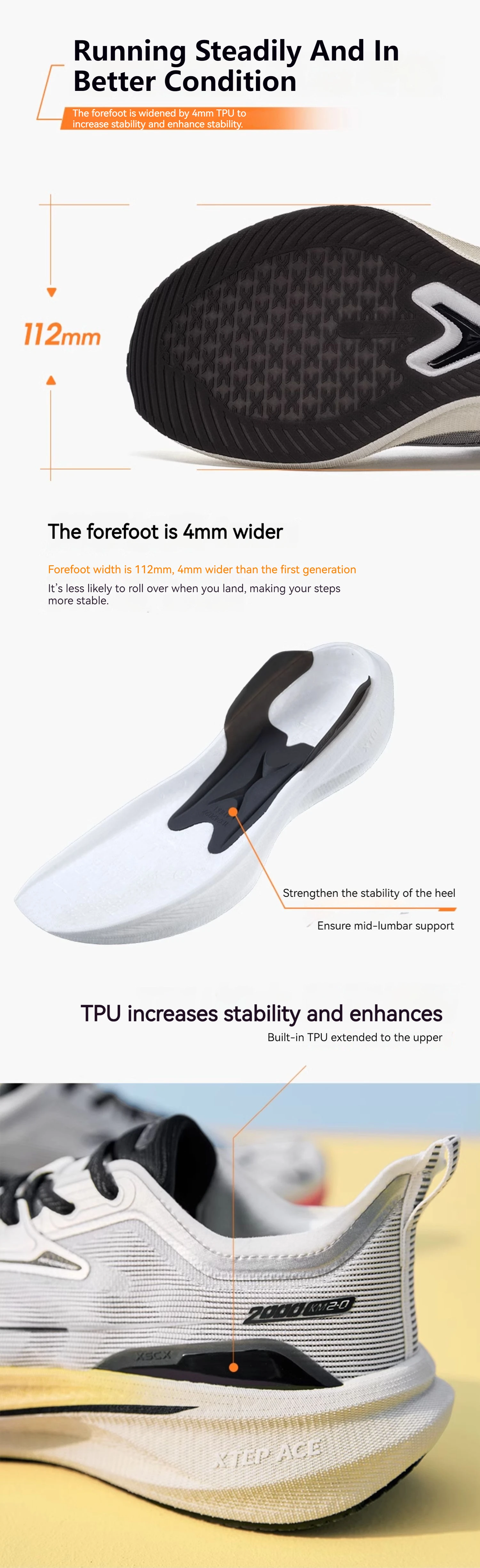 Xtep 2000KM 2.0 Running Shoes Men Summer Professional TPU Shock Absorption Sneakers 876219110043(suggest half size down)