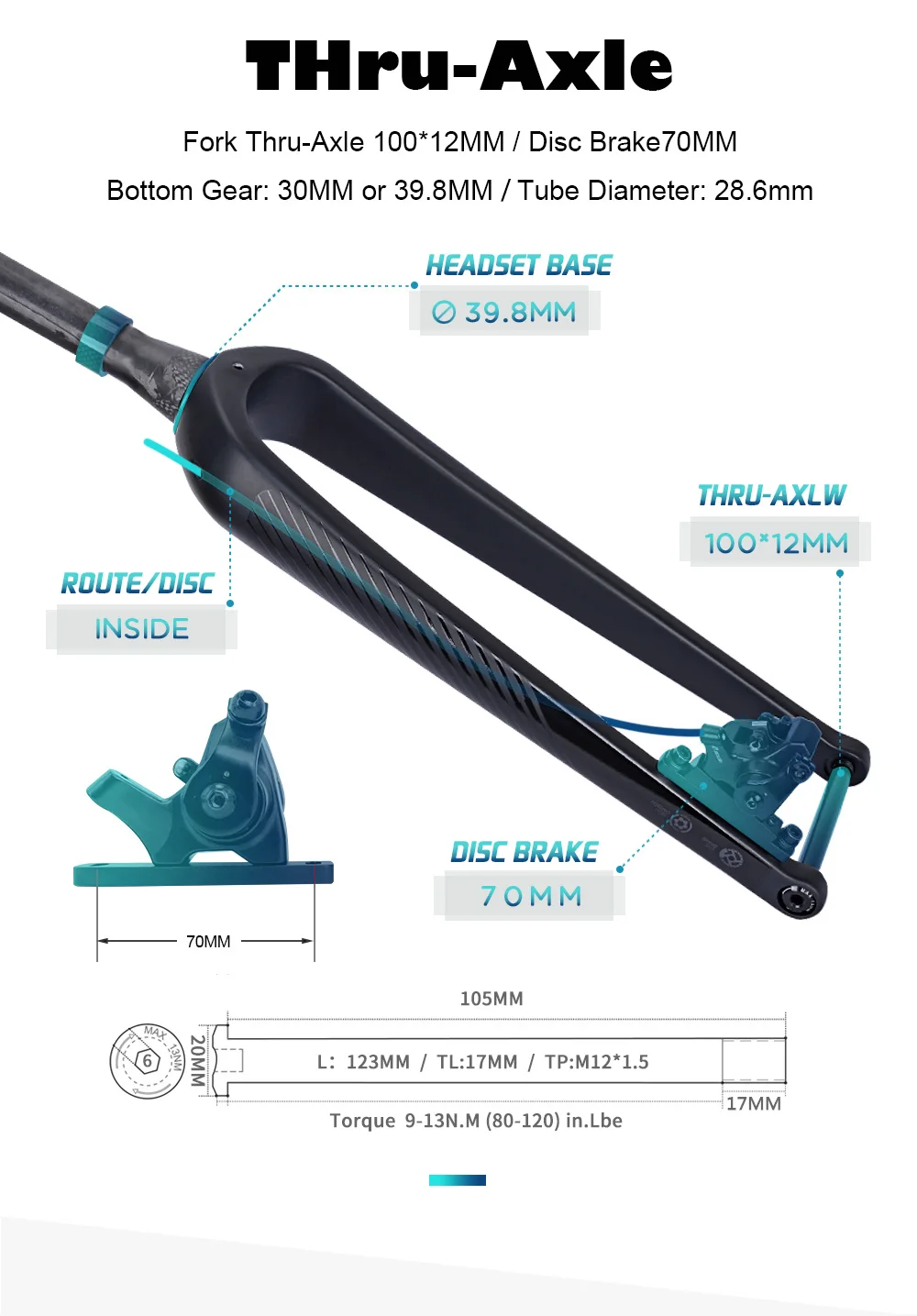 DODICI-Carbon Fiber Road Bike Straight Gravel Fork, Carbon Fiber, Barrel Shaft, Quick Release, 700C * 55C