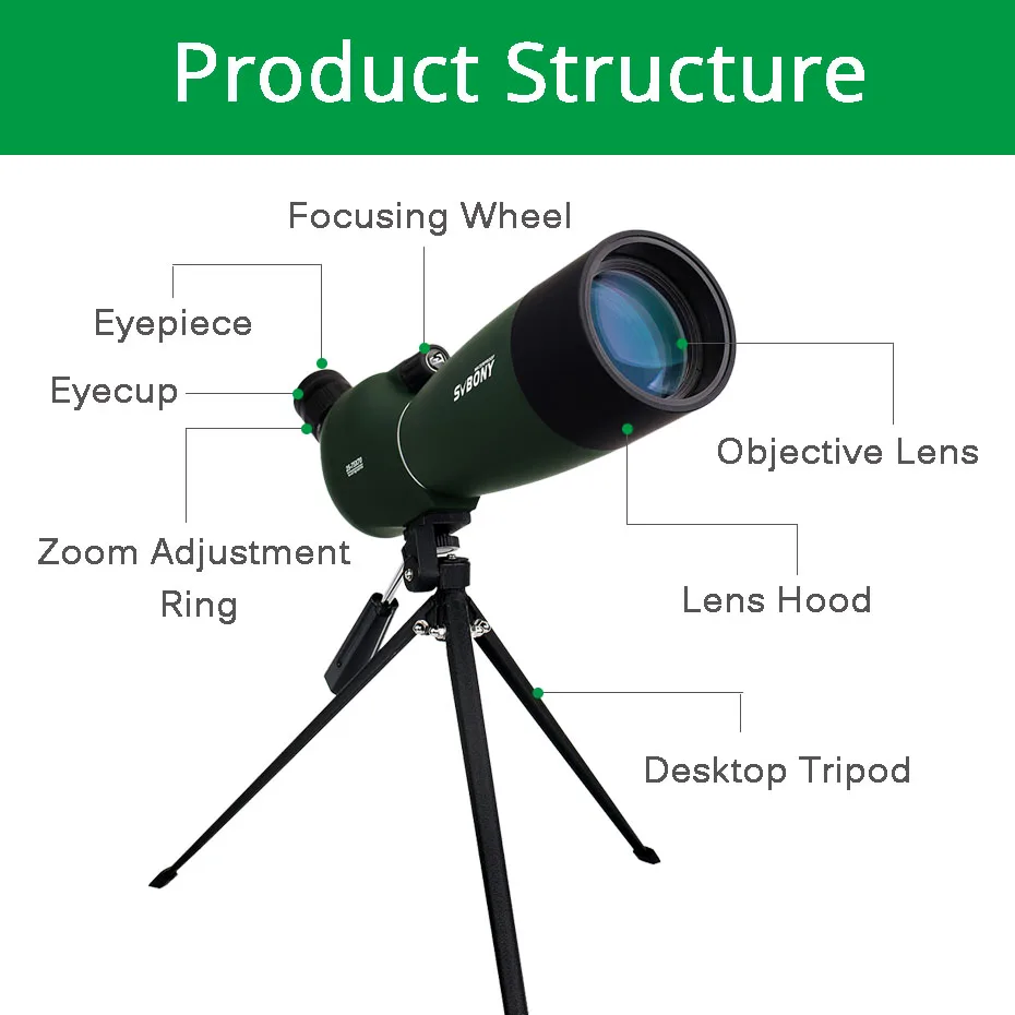 SVBONY 50/60/70/80 Spotting Scope Zoom Telescope Powerful Waterproof Long Range PORRO Prism for Shooting Camping equipment
