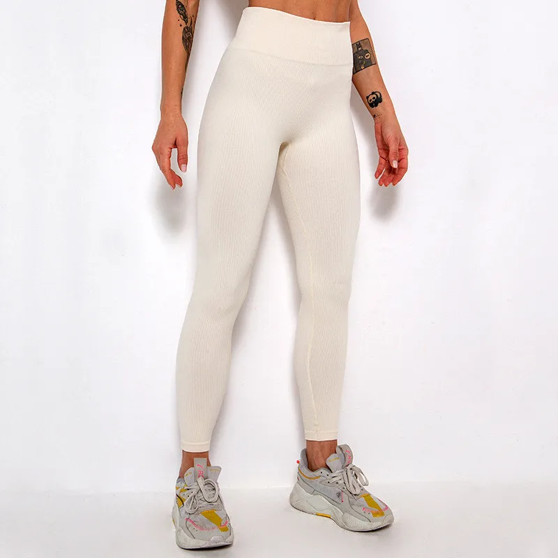 Ribbed Yoga Pants High Waisted Gym Leggings Sport Women Fitness Seamless Female Legging Tummy Control Running Training Tights