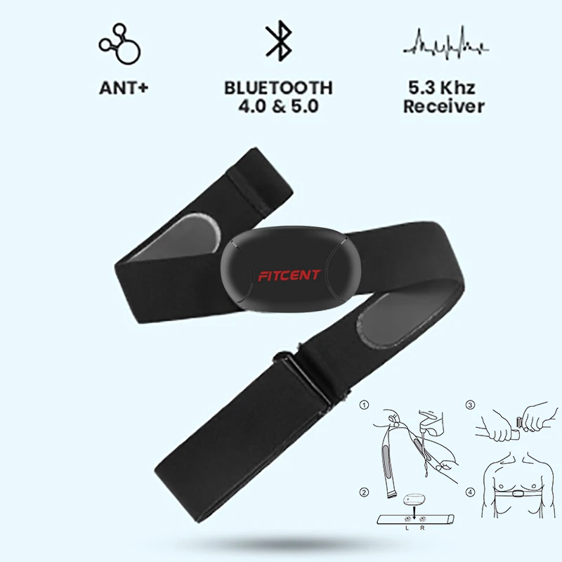 FITCENT Rechargeable Heart Rate Monitor with Bluetooth ANT+ 5.3Khz Chest Strap Sensor for Peloton Zwift Polar Rowing Machine