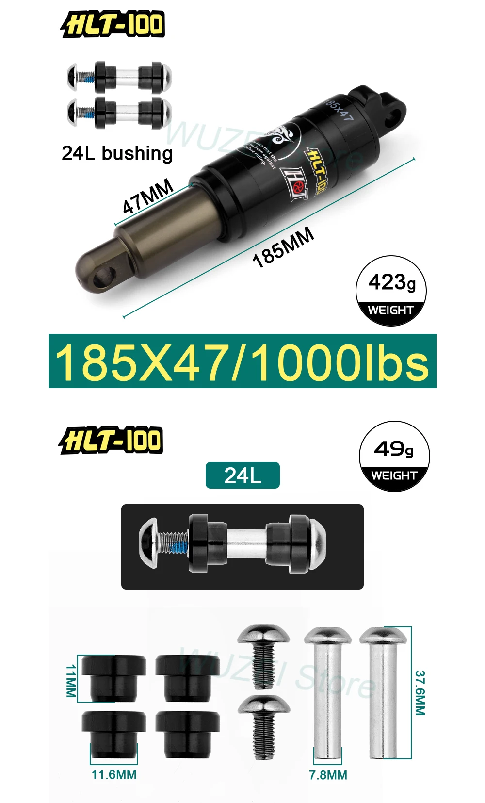 HLT-100 Mountain Bicycle Rear Shocks 125/150/165/185mm X 850/1000 lbs Aluminum Alloy Oil Spring Shock for E-bike Snow MTB Bike