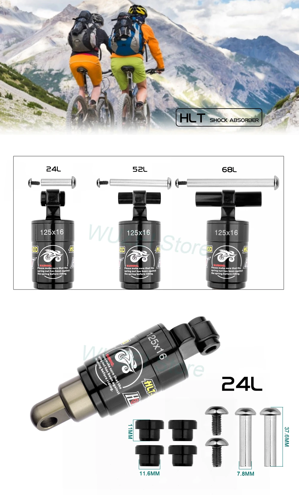 HLT-100 Mountain Bicycle Rear Shocks 125/150/165/185mm X 850/1000 lbs Aluminum Alloy Oil Spring Shock for E-bike Snow MTB Bike