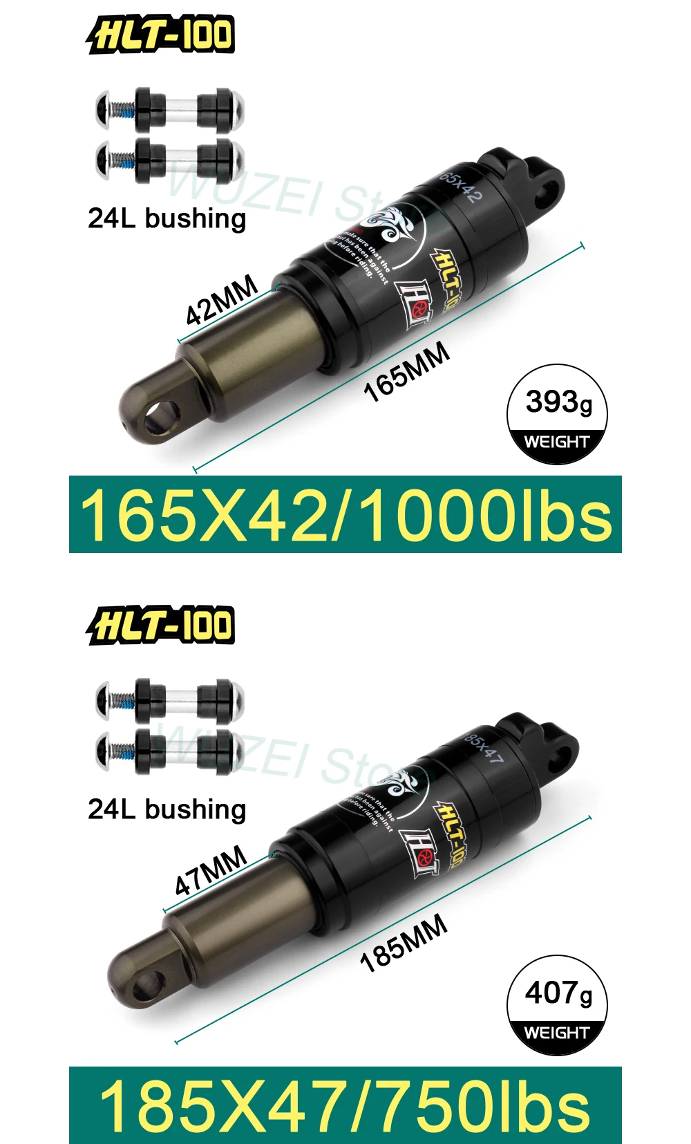 HLT-100 Mountain Bicycle Rear Shocks 125/150/165/185mm X 850/1000 lbs Aluminum Alloy Oil Spring Shock for E-bike Snow MTB Bike