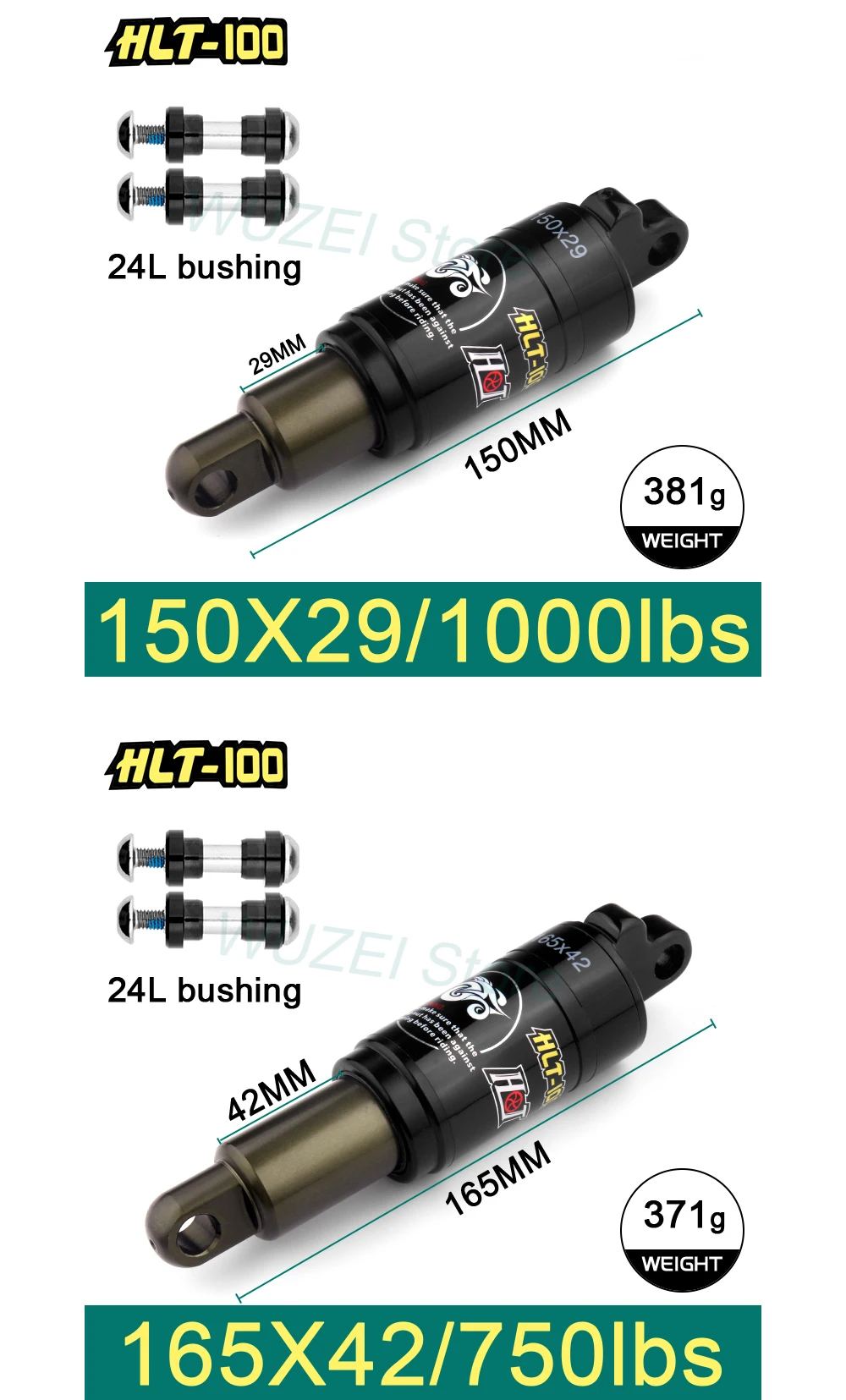 HLT-100 Mountain Bicycle Rear Shocks 125/150/165/185mm X 850/1000 lbs Aluminum Alloy Oil Spring Shock for E-bike Snow MTB Bike