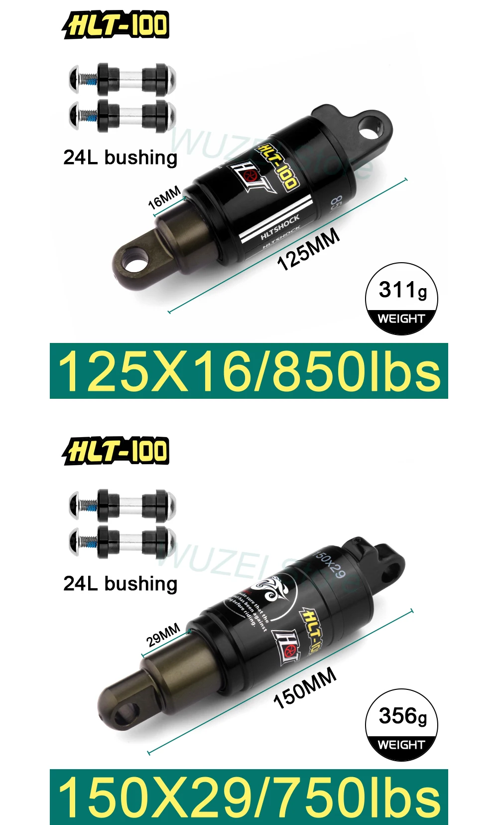 HLT-100 Mountain Bicycle Rear Shocks 125/150/165/185mm X 850/1000 lbs Aluminum Alloy Oil Spring Shock for E-bike Snow MTB Bike