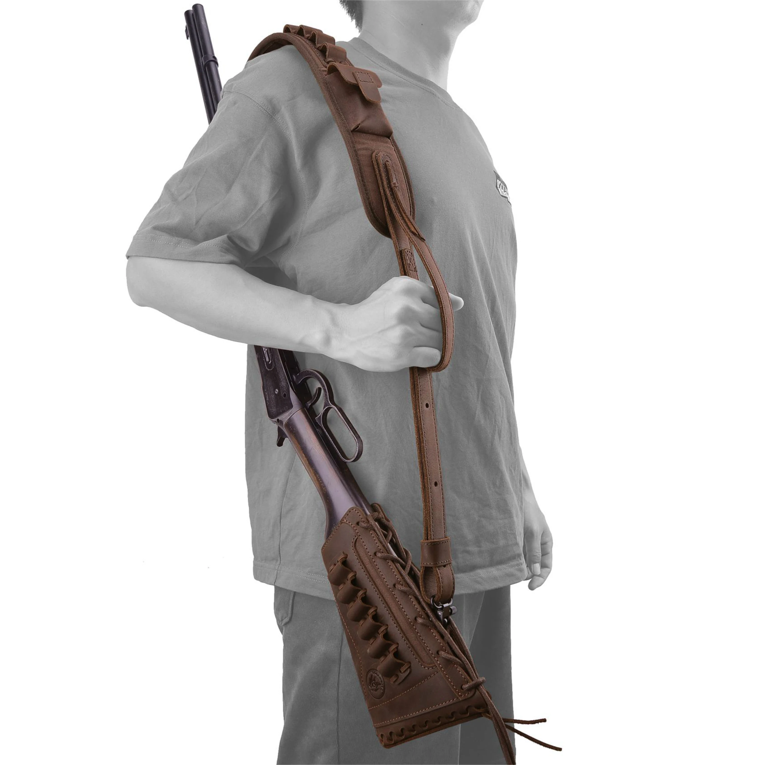 Leather Rifle Shoulder Strap / Gun Recoil Buttstock / Gun Stock Cover With Rife Ammo Holder Sling .357 .30-30 For Righty Hunter