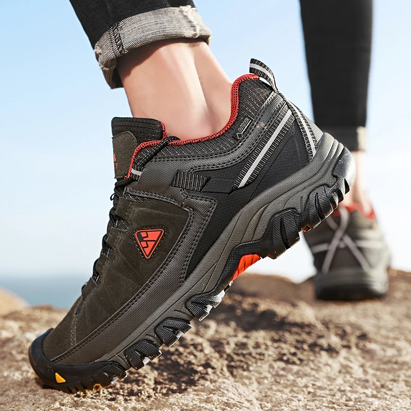 HIKEUP New Men Hiking Shoes High Quality Durable Leather Climbing Shoes Outdoor Walking Sneakers Rubber Sole Factory Outlet