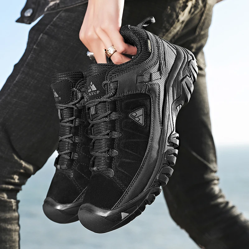 HIKEUP New Men Hiking Shoes High Quality Durable Leather Climbing Shoes Outdoor Walking Sneakers Rubber Sole Factory Outlet