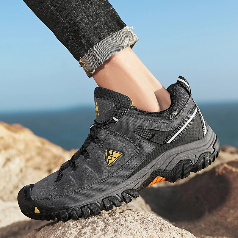 HIKEUP New Men Hiking Shoes High Quality Durable Leather Climbing Shoes Outdoor Walking Sneakers Rubber Sole Factory Outlet