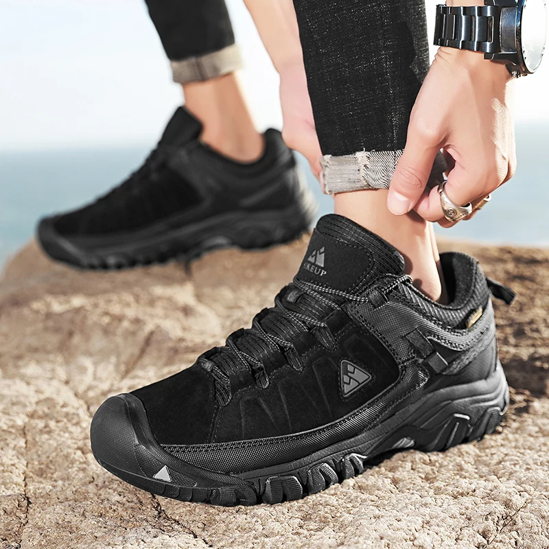 HIKEUP New Men Hiking Shoes High Quality Durable Leather Climbing Shoes Outdoor Walking Sneakers Rubber Sole Factory Outlet