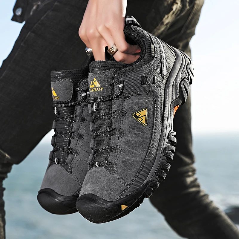HIKEUP New Men Hiking Shoes High Quality Durable Leather Climbing Shoes Outdoor Walking Sneakers Rubber Sole Factory Outlet