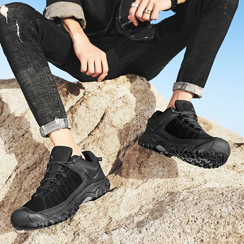 HIKEUP New Men Hiking Shoes High Quality Durable Leather Climbing Shoes Outdoor Walking Sneakers Rubber Sole Factory Outlet
