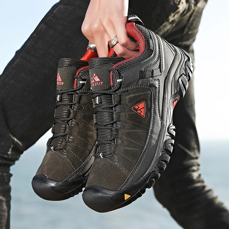 HIKEUP New Men Hiking Shoes High Quality Durable Leather Climbing Shoes Outdoor Walking Sneakers Rubber Sole Factory Outlet