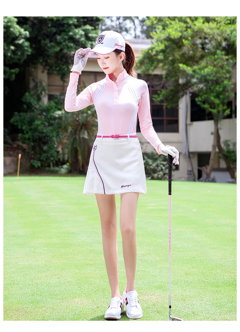 TTYGJ Women Quick Dry Stripe Golf Shirt Ladies Long Sleeve Sunscreen T-shirt Women Stand Collar Golf Tops Autumn Sportswear