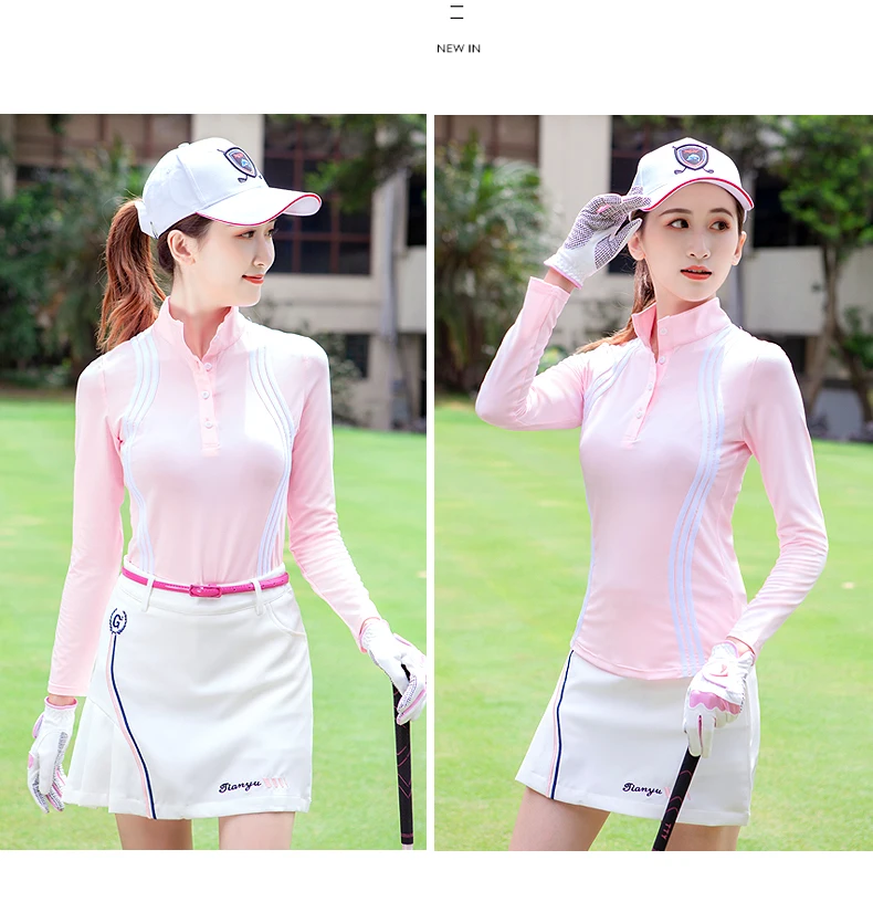TTYGJ Women Quick Dry Stripe Golf Shirt Ladies Long Sleeve Sunscreen T-shirt Women Stand Collar Golf Tops Autumn Sportswear
