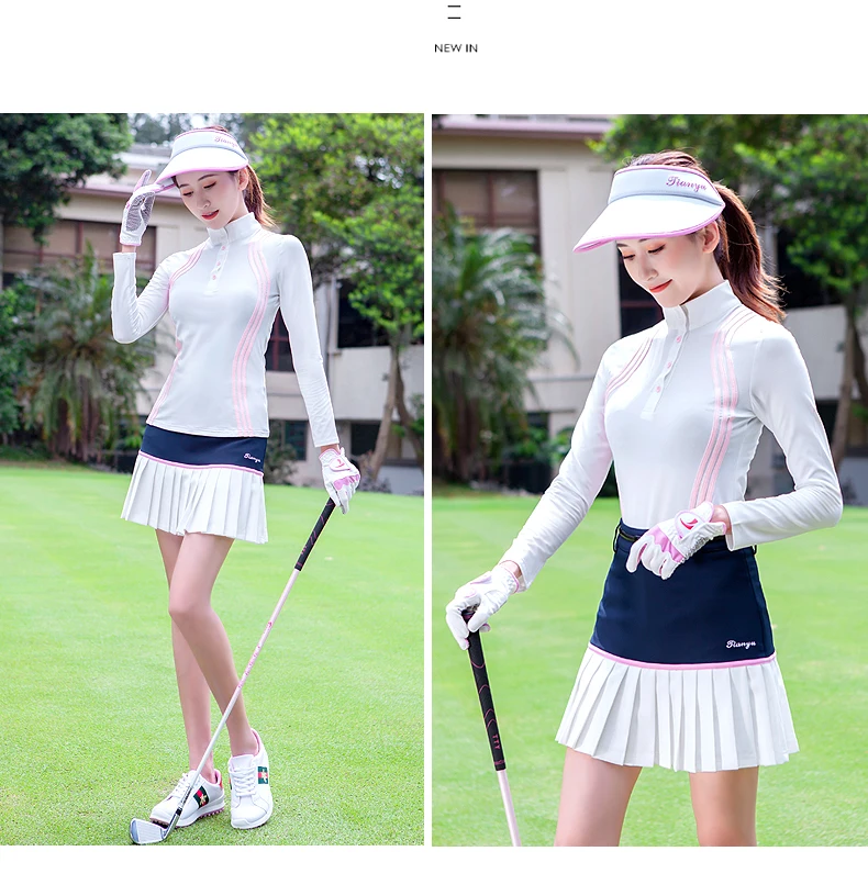 TTYGJ Women Quick Dry Stripe Golf Shirt Ladies Long Sleeve Sunscreen T-shirt Women Stand Collar Golf Tops Autumn Sportswear