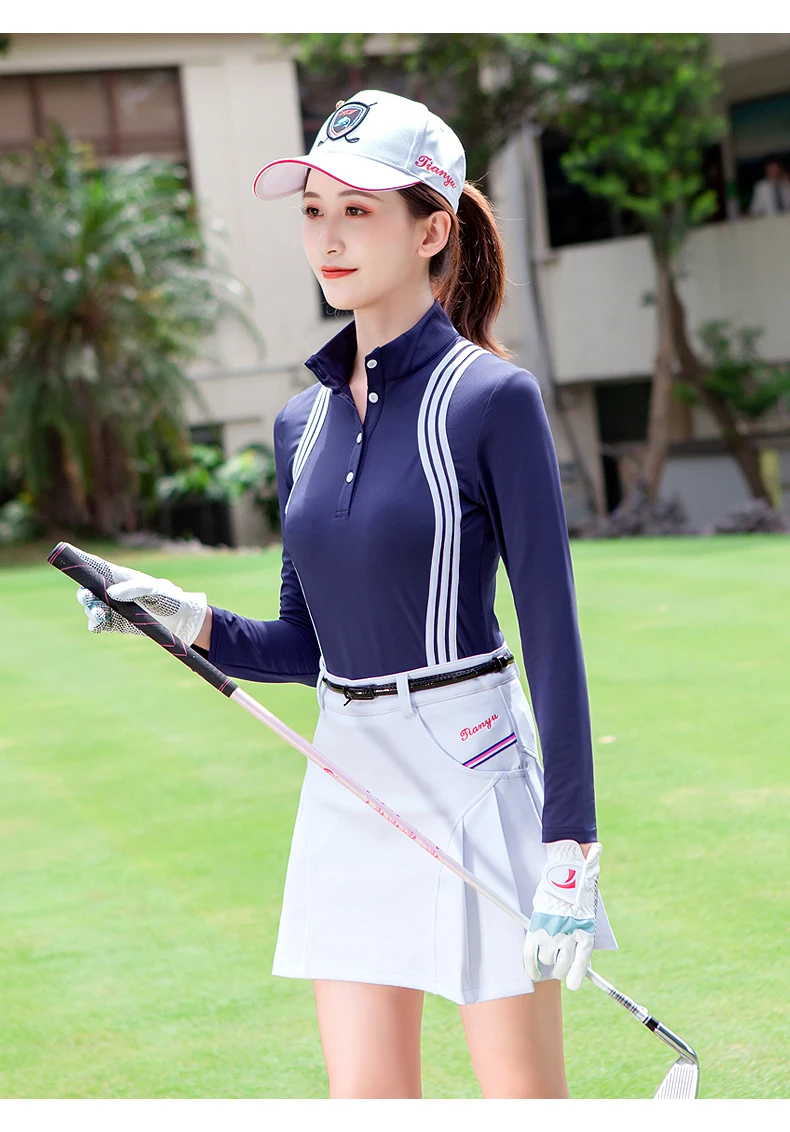 TTYGJ Women Quick Dry Stripe Golf Shirt Ladies Long Sleeve Sunscreen T-shirt Women Stand Collar Golf Tops Autumn Sportswear