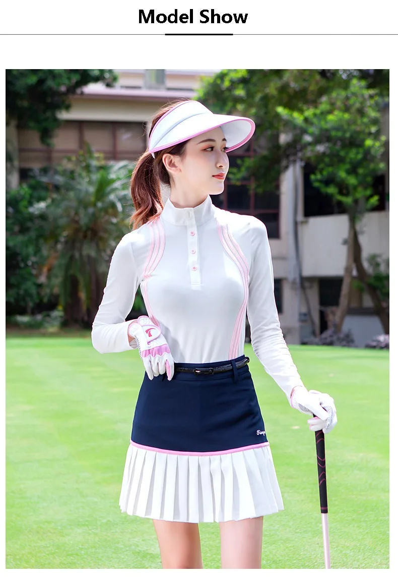 TTYGJ Women Quick Dry Stripe Golf Shirt Ladies Long Sleeve Sunscreen T-shirt Women Stand Collar Golf Tops Autumn Sportswear