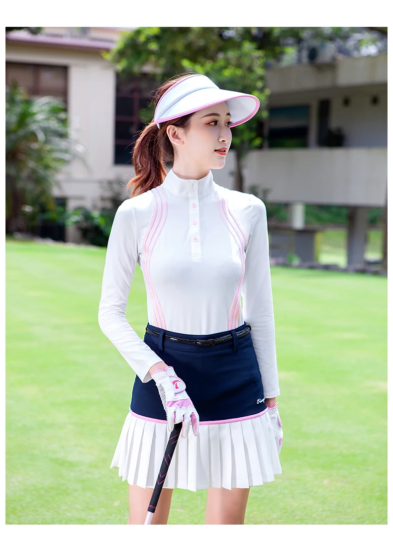 TTYGJ Women Quick Dry Stripe Golf Shirt Ladies Long Sleeve Sunscreen T-shirt Women Stand Collar Golf Tops Autumn Sportswear