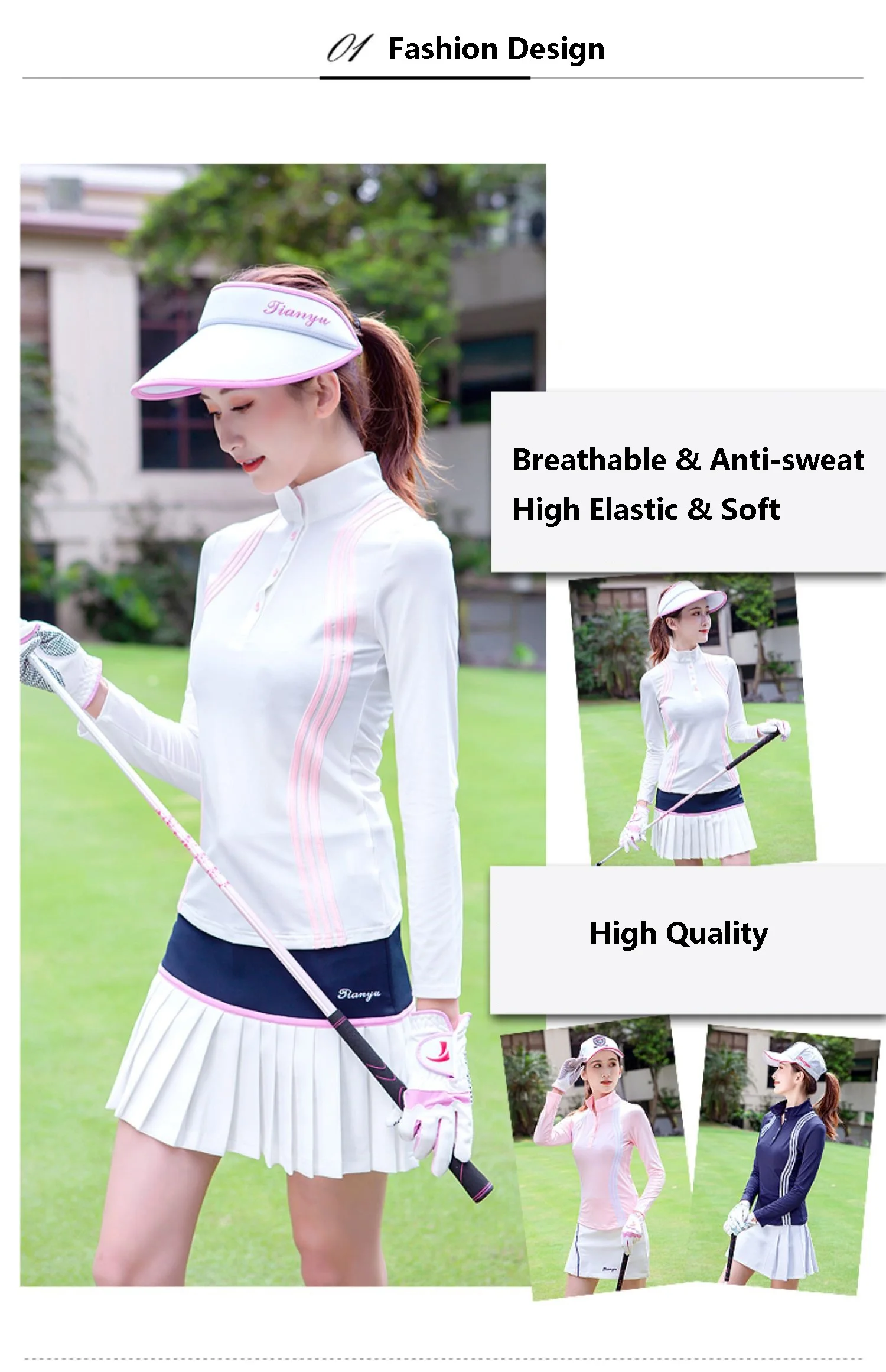 TTYGJ Women Quick Dry Stripe Golf Shirt Ladies Long Sleeve Sunscreen T-shirt Women Stand Collar Golf Tops Autumn Sportswear