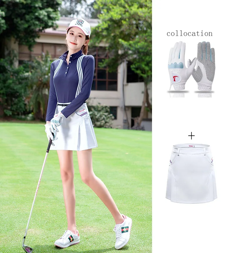 TTYGJ Women Quick Dry Stripe Golf Shirt Ladies Long Sleeve Sunscreen T-shirt Women Stand Collar Golf Tops Autumn Sportswear
