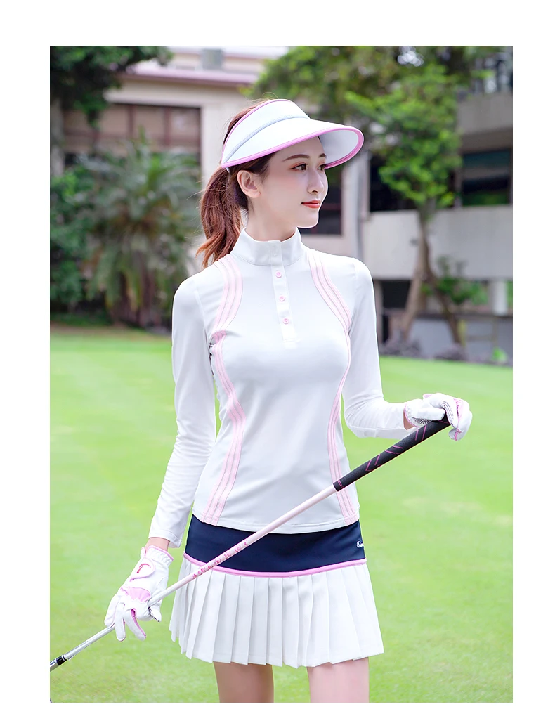 TTYGJ Women Quick Dry Stripe Golf Shirt Ladies Long Sleeve Sunscreen T-shirt Women Stand Collar Golf Tops Autumn Sportswear