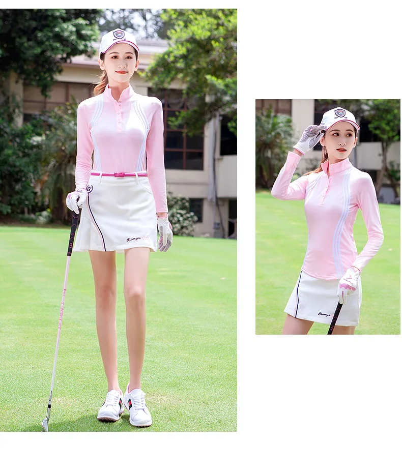 TTYGJ Women Quick Dry Stripe Golf Shirt Ladies Long Sleeve Sunscreen T-shirt Women Stand Collar Golf Tops Autumn Sportswear