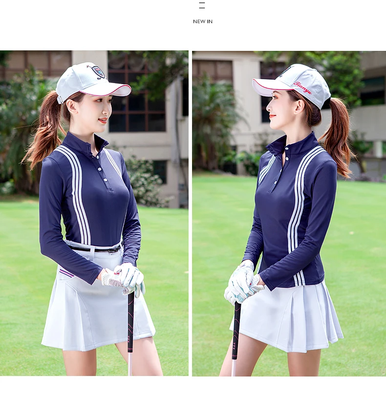 TTYGJ Women Quick Dry Stripe Golf Shirt Ladies Long Sleeve Sunscreen T-shirt Women Stand Collar Golf Tops Autumn Sportswear