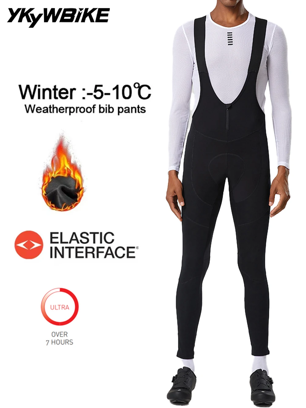 YKYWBIKE Men's Winter Thermal Fleece Cycling Bib Pants Mountain Bike Zipper Cycling Pants Gel Padded MTB Long Tights Suspenders