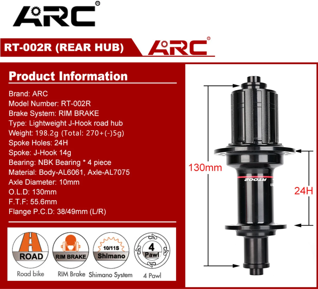 ARC Road Bike Hubs 24H Bicycle Hub V Brake 4 Pawls 48 Clicks Front 100 Rear 130MM Bearing Hub 20 24 Holes Ultralight 280g 8-11S