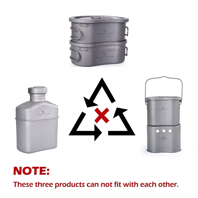 Boundless Voyage Titanium Military Canteen Cups Set 1100ml+750ml+400ml with Lid Chain Camping Cookware Outdoor Cooking Kit