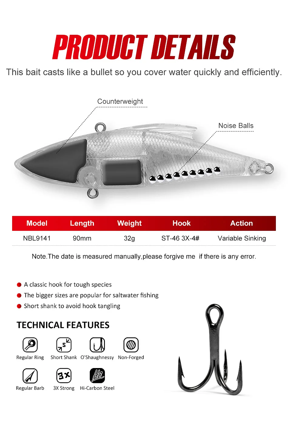 NOEBY 3pcs VIB Vibration Lure 90mm 33g Rattling Sinking Hard Bait Pike Bass Zander Freshwater Saltwater Fishing