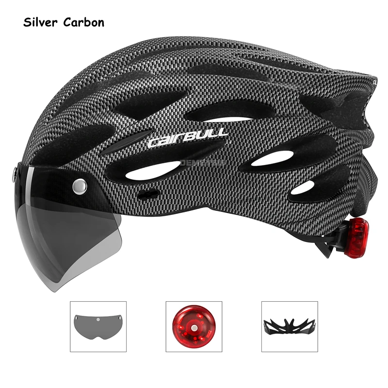 Ultralight Cycling Safety Helmet Outdoor Motorcycle Bicycle Taillight Helmet Removable Lens Visor Mountain Road Bike Helmet