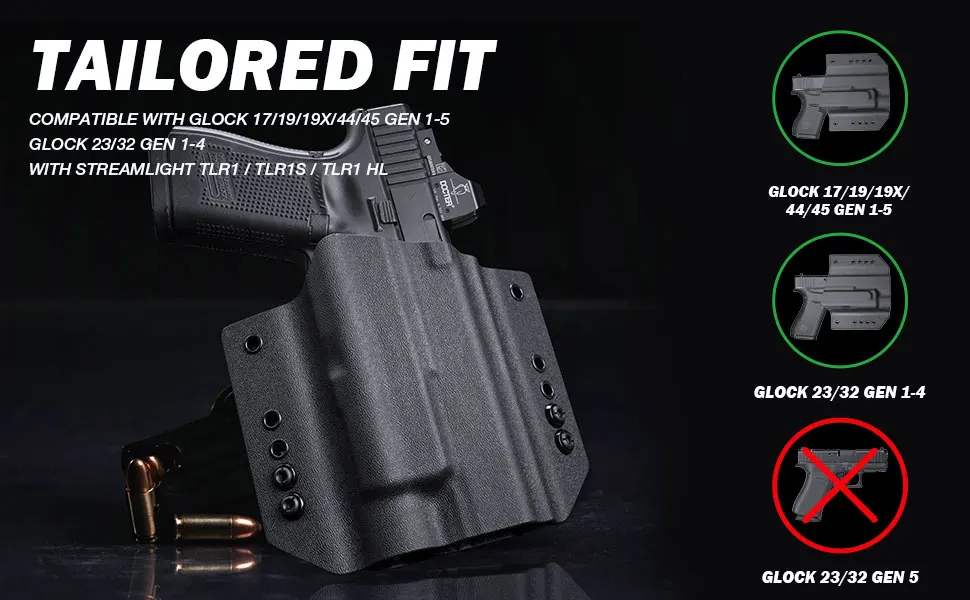 Fit: G17/G19/G44 (GEN 1-5)&G23/G32 (Gen 3-4),with Streamlight TLR1/TLR1S/TLR1 HL,OWB Kydex Holster,Tactical Right hand