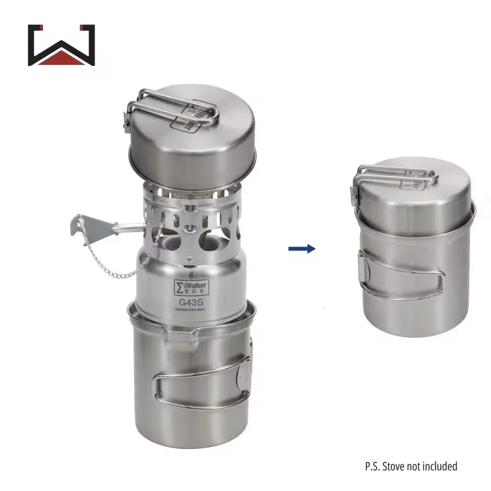 IWALKER Outdoor Camping Stainless Steel Pot Set, G43 Storage Pot, Grilling Pan, Complete Camping Cookware